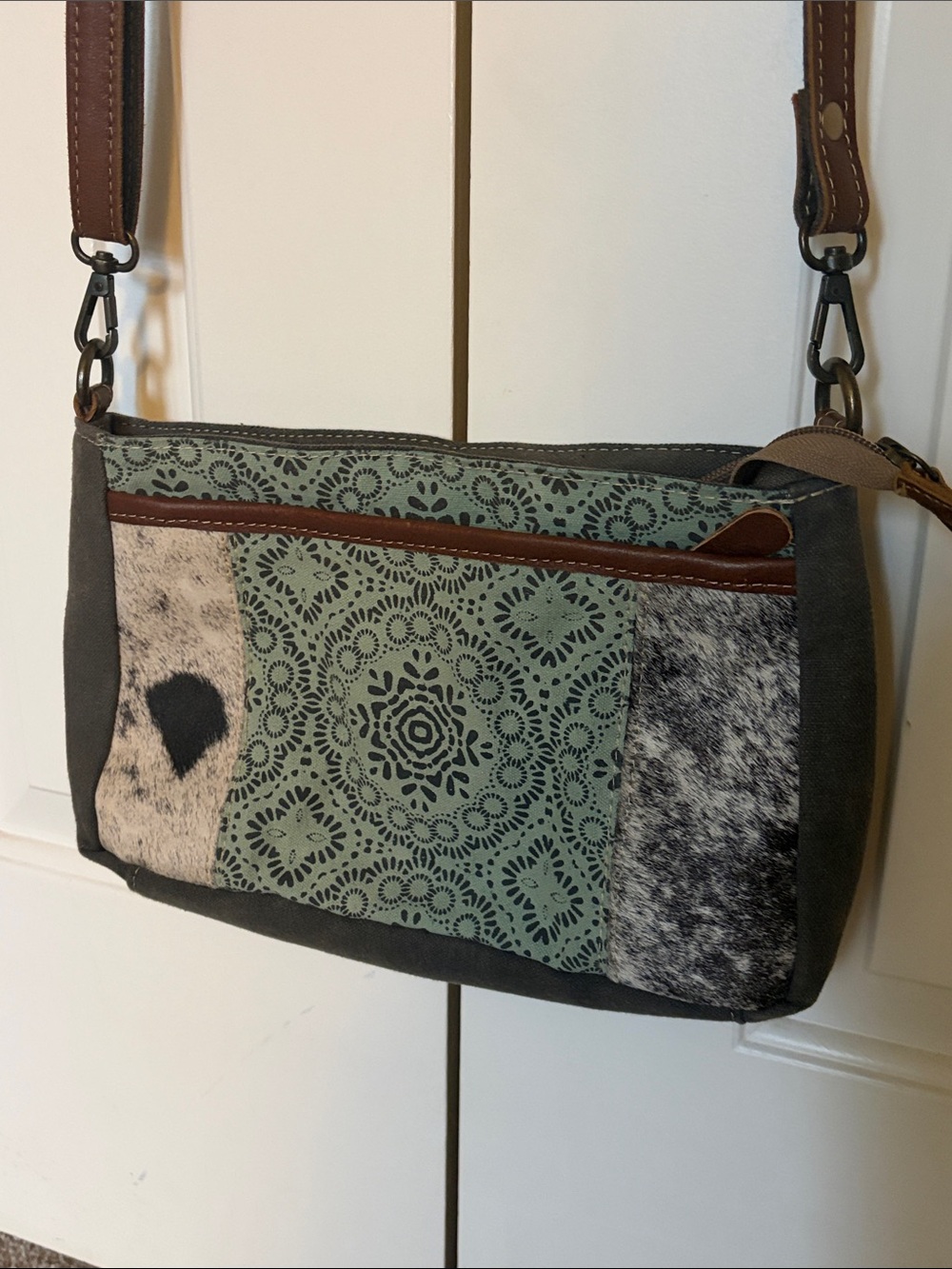 Myra Bag Mint Green Patterned Crossbody with Brown Accents